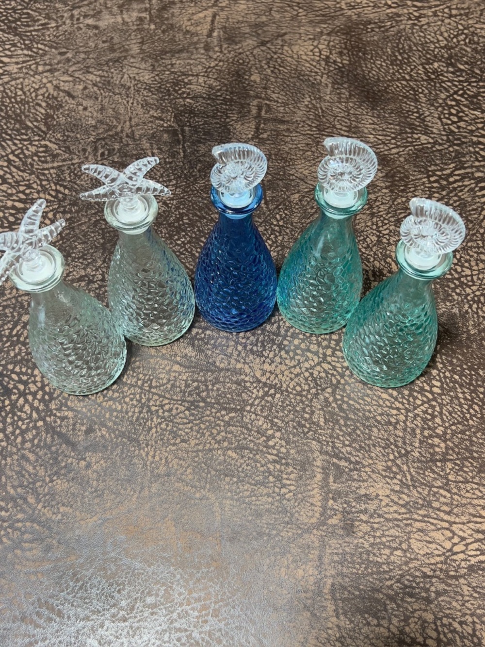 Ocean Themed Pebbled Glass Bottles With Shell and Star Toppings, Set of 5